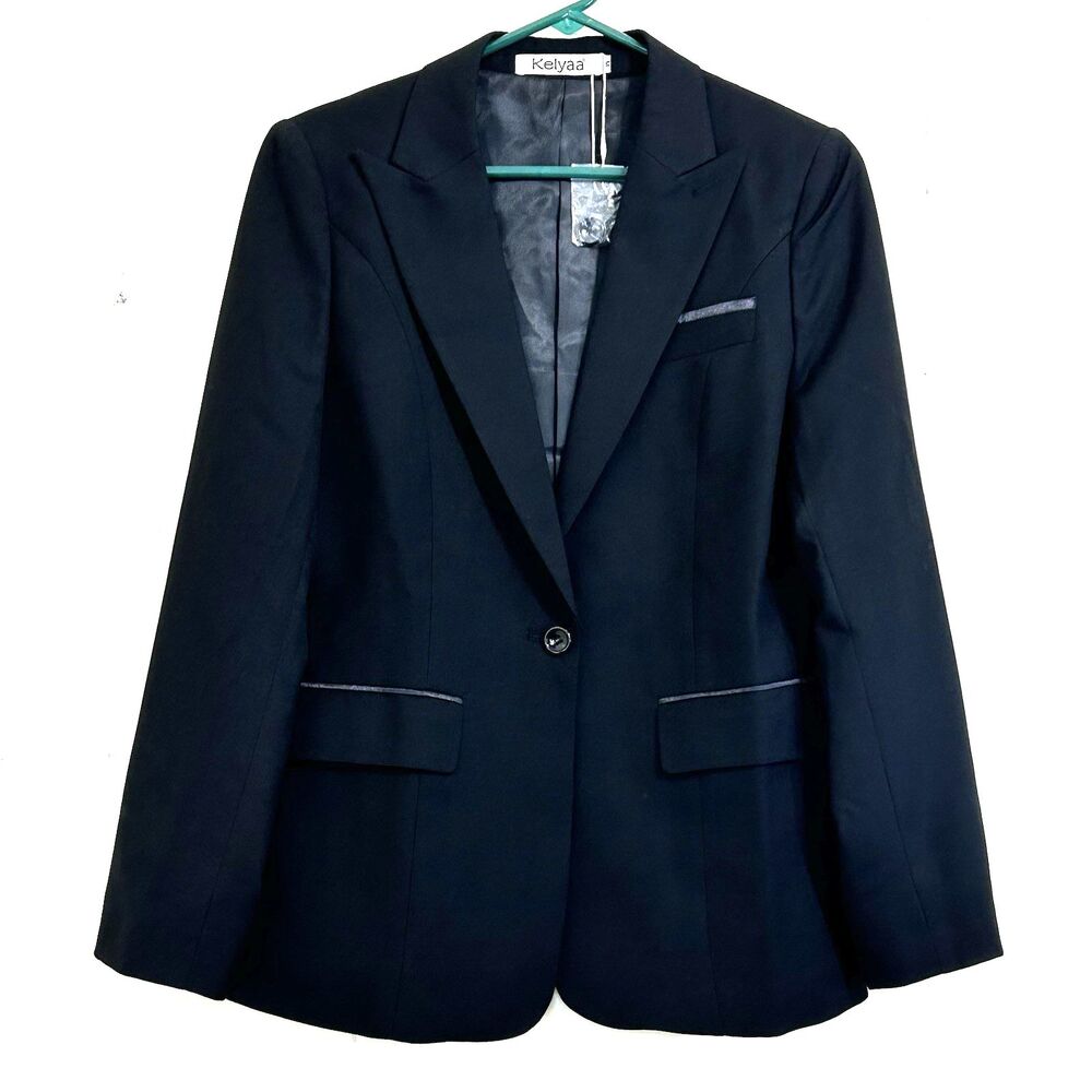 KELYAA WOMENS ONE BUTTON BLAZER SIZE MEDIUM SLIM FIT TUXEDO BLAZER LONG SLEEVES